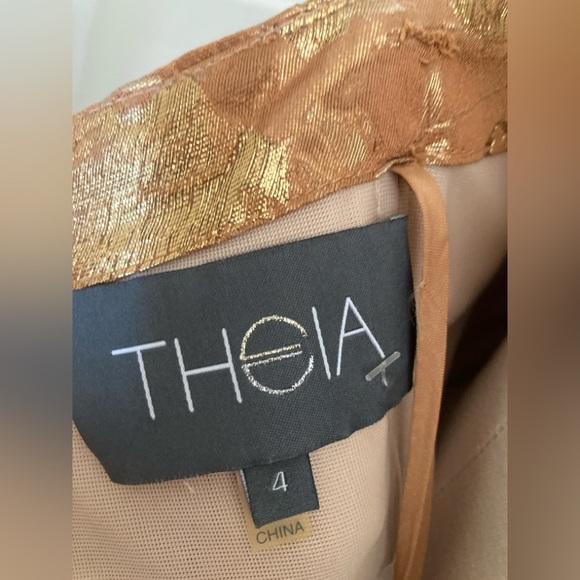Theia Strapless Sheath Dress Gold Bronze Floral Size 4 - Picture 8 of 14